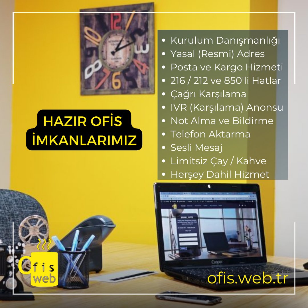 Hazır ofis imkanlarımız saymakla bitmiyor! Profesyonel sekreterya, kargo ve posta teslim alma, toplantı odalarına erişim, prestijli yasal adres, çay kahve ikramı ve telesekreter hizmetiyle hazır ofislerimiz gücünüze güç katacak!
 Detaylı bilgi için: ofis.web.tr
