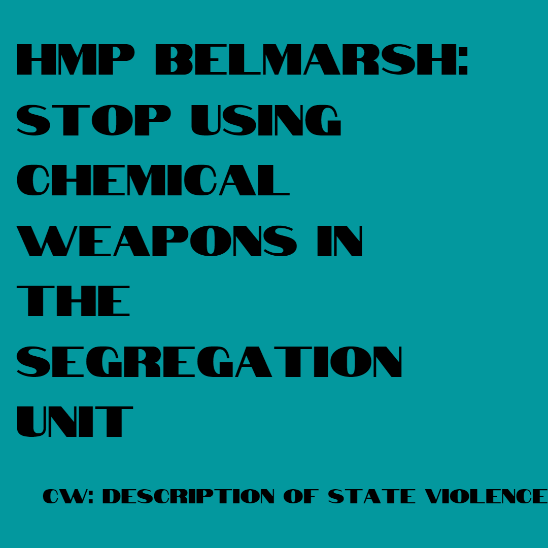 Last night, tear gas was used on the prisoners in segregation in HMP Belmarsh. 

This is a chemical weapon in an enclosed space with barely any ventilation.

Everyone on the landing was harmed &amp; no healthcare provided. 

actionnetwork.org/letters/hmp-be…

Please take part &amp; share