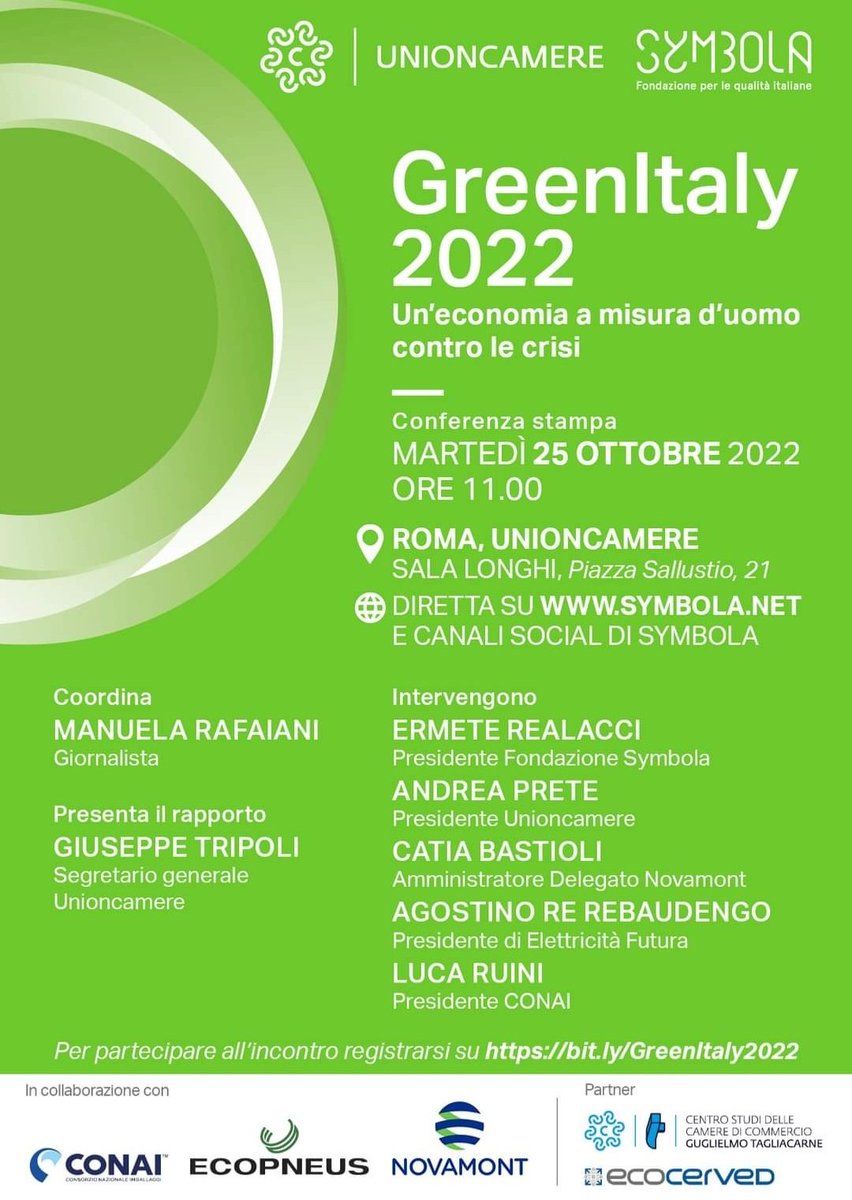Possiamo affrontare le crisi se chiamiamo a raccolta le migliori energie dell’Italia. Lavorando insieme. Il rapporto Green Italy 2022 legge la forza e i talenti della nostra green economy.Domani, 25 ottobre h. 11,con Unioncamere per presentarlo.#ItaliachefaItalia <a href="/SymbolaFondazio/">Fondazione Symbola</a>