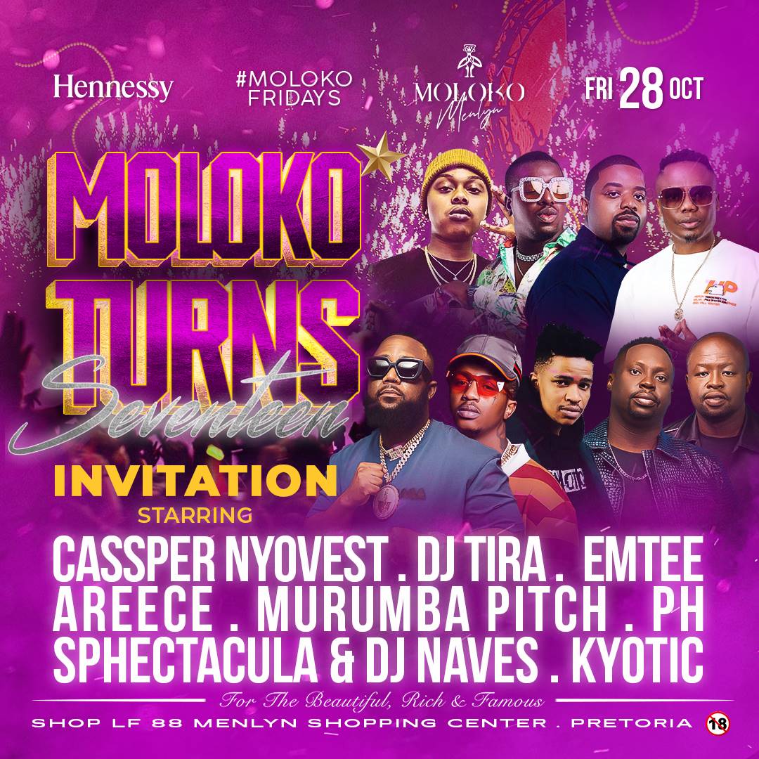 mutombo_lionel's tweet photo. #MolokoFridays presents 

@casspernyovest
@sbokhuzy
@kyotic
@AreeceSA
@DJTira
@Emtee
@djyeankeyz
@Sphectecula
@DJNAVES
@iam_ph

DOORS OPEN AT 23:00 | DRESS TO IMPRESS 👗👞

#MolokoMenlyn #MolokoVibes #MolokoIsTheBest #MolokoForEver
#MolokoBirthdayMonth
@MsimangoMxolisi @Emulsypro https://t.co/LQhMkF80zh