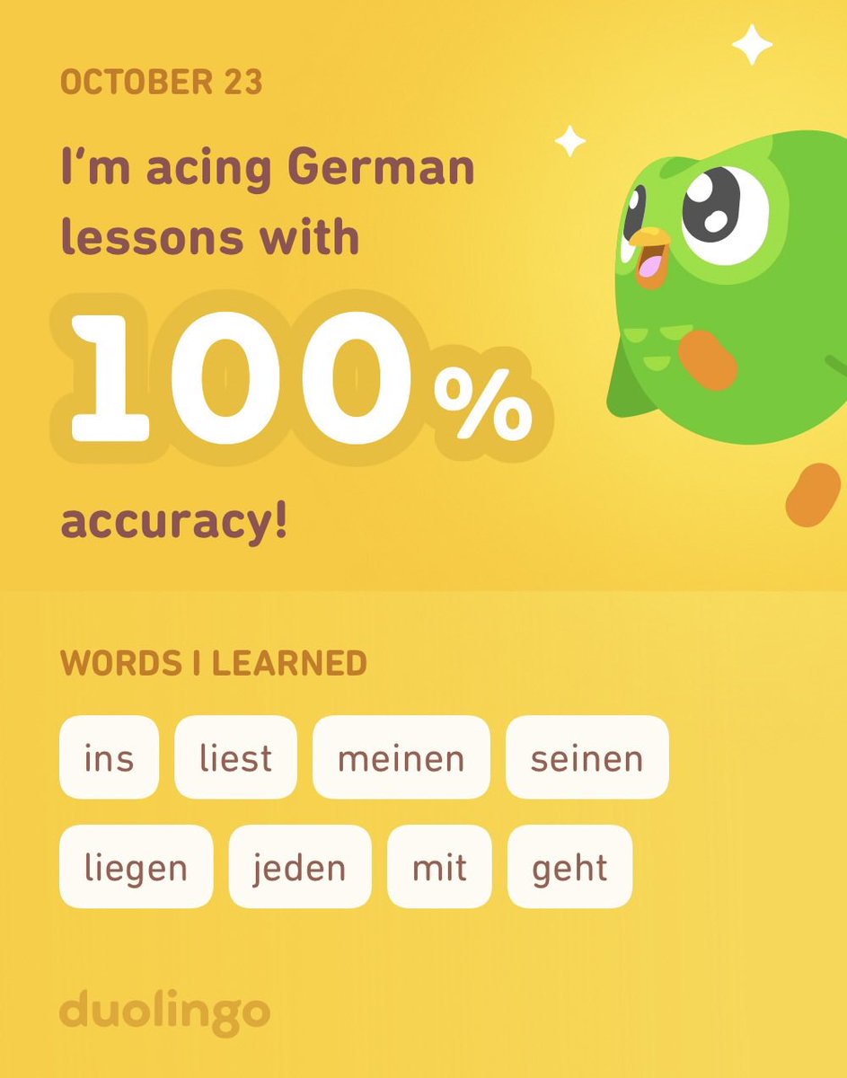 AB727's tweet image. Hurrah Ich lerne so viel!! I’m learning German on Duolingo! It’s free, fun, and effective.
#German #Duolingo #100percentaccuracy