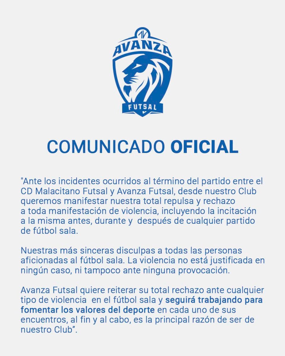 AvanzaJaen's tweet photo. Comunicado Oficial: Incidentes partido CD Malacitano - Avanza Futsal https://t.co/pR15cFgg9R