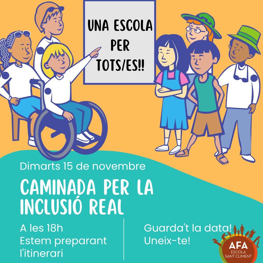 Ampaesc's tweet photo. 🚶CAMINADA PER LA INCLUSIÓ🚶

Des de la comissió d'inclusió s'està preparant la 🚶CAMINADA PER LA INCLUSIÓ🚶. 

🔈Volem una escola per a tots i totes, sense excepció, sense barreres. https://t.co/D7AvALZhsu