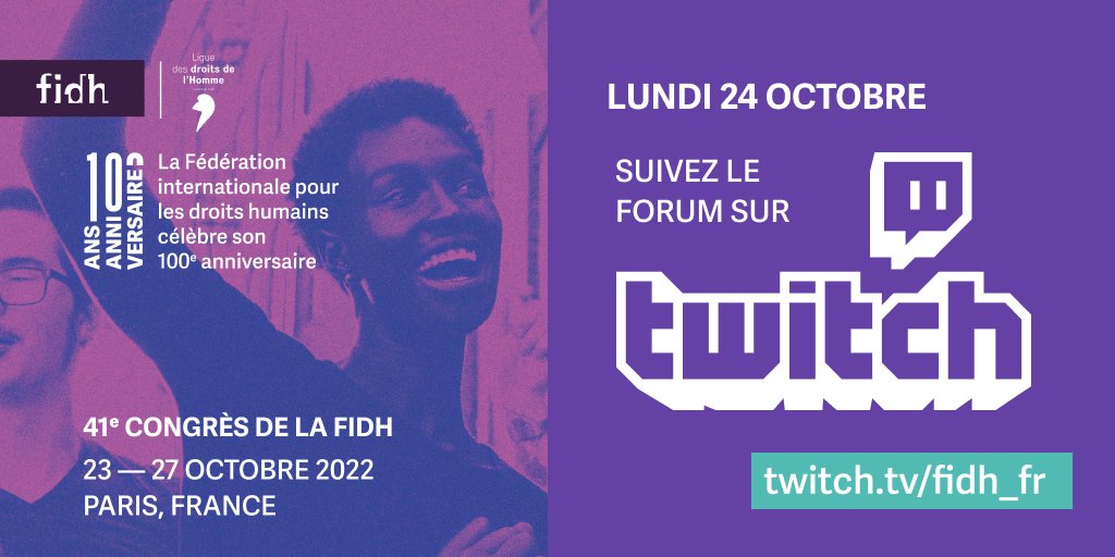 📺 Ne manquez pas la première table ronde du Forum du #CongrèsFIDH2022 à 9h !
👉 "Comment renforcer l’effectivité des mécanismes internationaux de protection des droits humains ?"
RDV sur la chaîne @twitch de la #FIDH! 👇
twitch.tv/fidh_fr