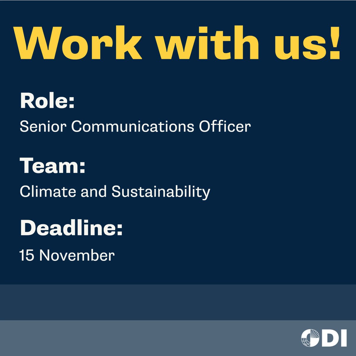 We are hiring a communications expert to lead our outreach on climate & sustainability issues! You'll help us achieve impact on key @ODIclimate topics like climate finance, just energy transitions & greener cities. Find out more and apply by 15 Nov 👉 buff.ly/3eKI3Gl