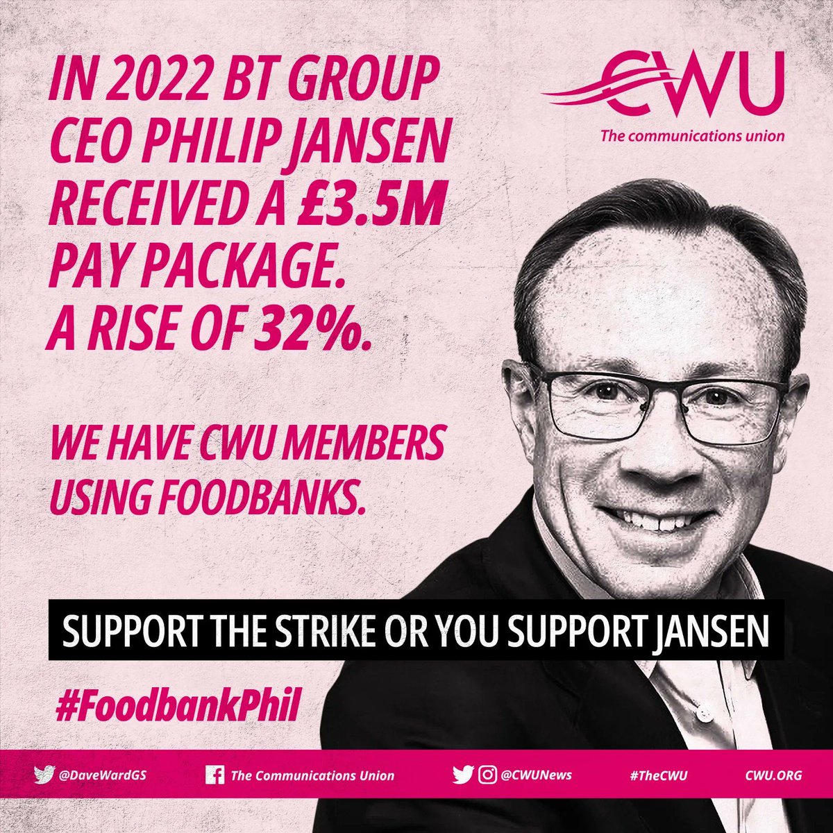 CWU_nitb's tweet photo. A REMINDER: We're striking today because .. Prices are still rising but your wages have been stagnant for three years. This is an untenable situation. 

Meanwhile, BTs bosses are telling us they have no money to give you a decent pay rise. 

Really? 👇👇
Where is #FoodbankPhil ? https://t.co/qEDhFXYDA8