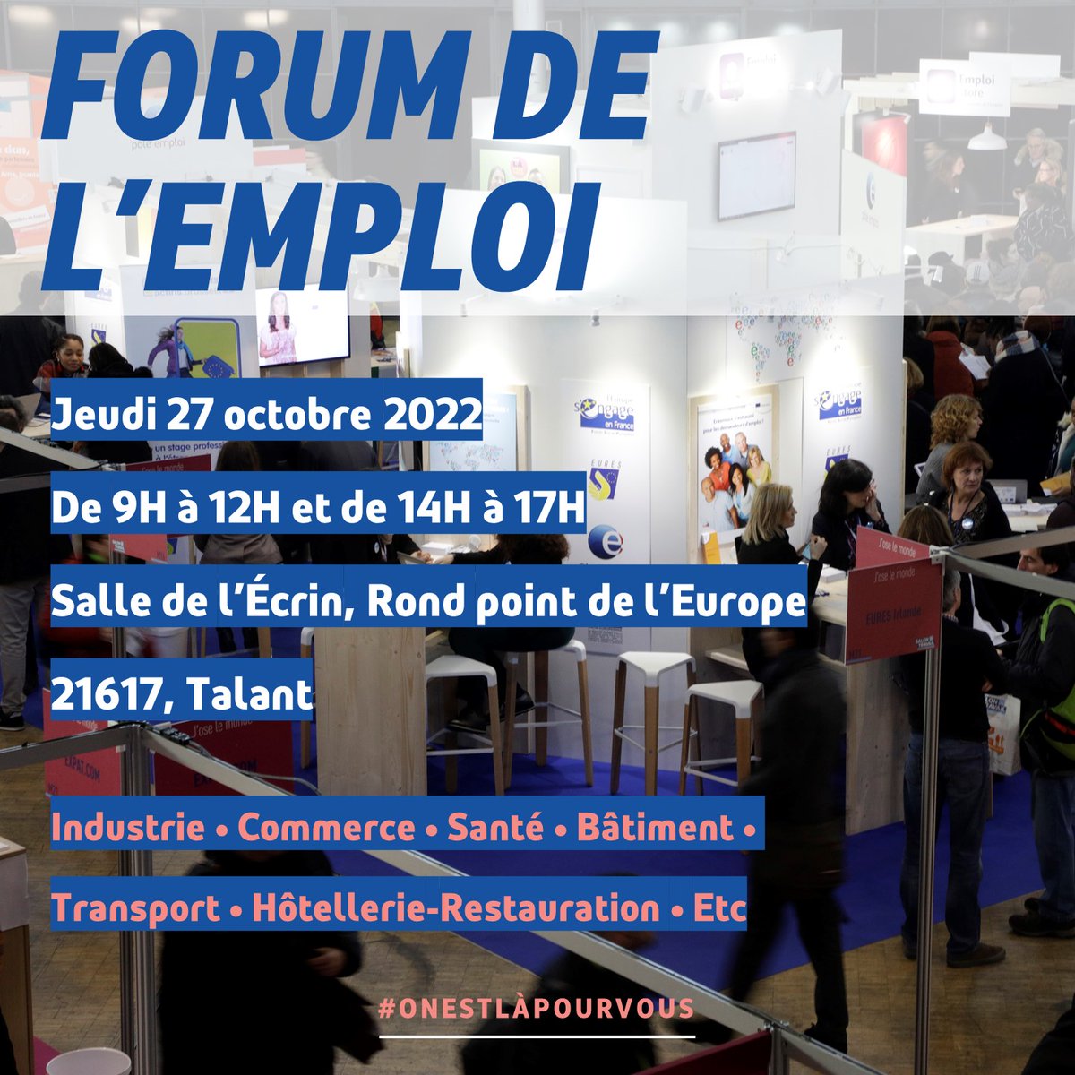 De nombreux employeurs seront présents à l'occasion du Forum multi-secteurs le 27 octobre à Talant (21) ! #TousMobilisés avec @pole_emploi#Dijon nord <a href="/VilledeTalant/">Ville de Talant</a> <a href="/CD_CotedOr/">Côte-d'Or</a>. Plus d'informations 👉 pole-emploi.fr/region/bourgog…