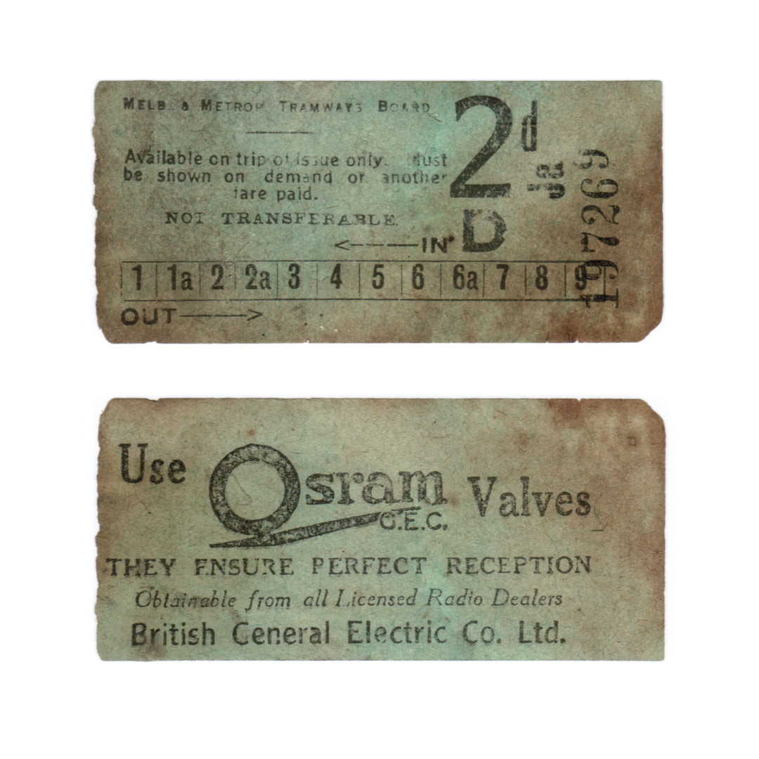 A tuppenny #Melbourne #tram ticket circa 1928 from scrapped tram.
After cleaning - a delicate job for an old ticket - the original blue is hinted at, despite the heavy oxidation of the paper.
While Osram exists, radio valves aren't a thing now.
Ticket donated by W. Cameron.