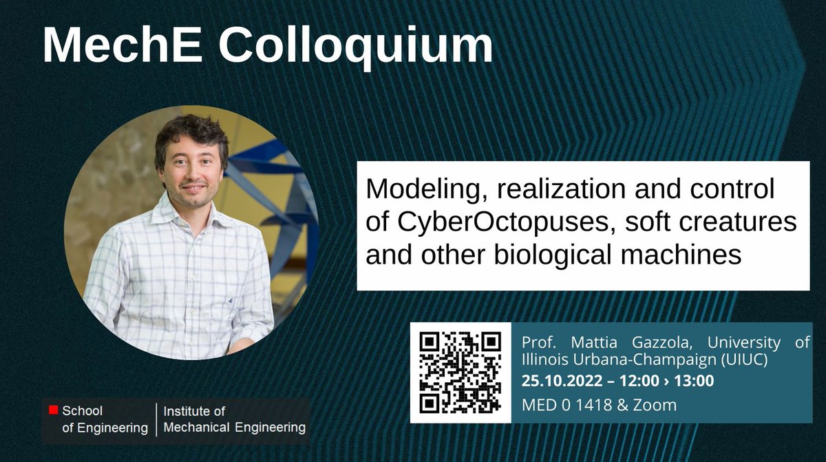 Ever wondered how #modeling, #realization and #control of #CyberOctopuses works? Join us tomorrow (Tue) at 12 pm GMT+2 for the #MechEColloquium talk from Prof. Gazzola. In-person: MED 0 1418, Zoom: sti.epfl.ch/research-insti… <a href="/EPFLEngineering/">EPFL School of Engineering</a> <a href="/EPFL_en/">EPFL</a> #AcademicTwitter