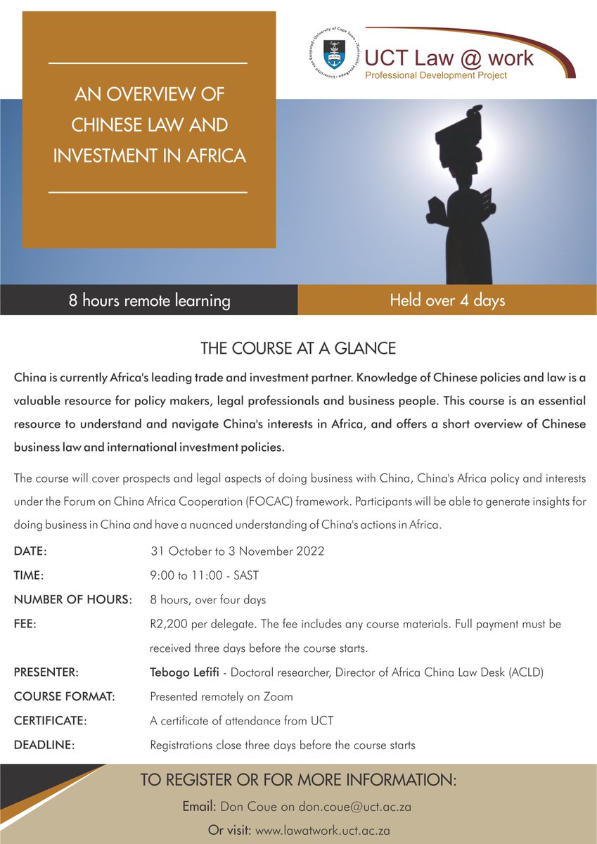 UCT_Law_at_work's tweet photo. The course will benefit lawyers, students, legal practitioners, policy makers, sinologists, negotiators and advisors in offices dealing with China.

Sign up here: https://t.co/qud7uOEtHs

#UCT #law @UctLaw https://t.co/3zYFXw9tQs