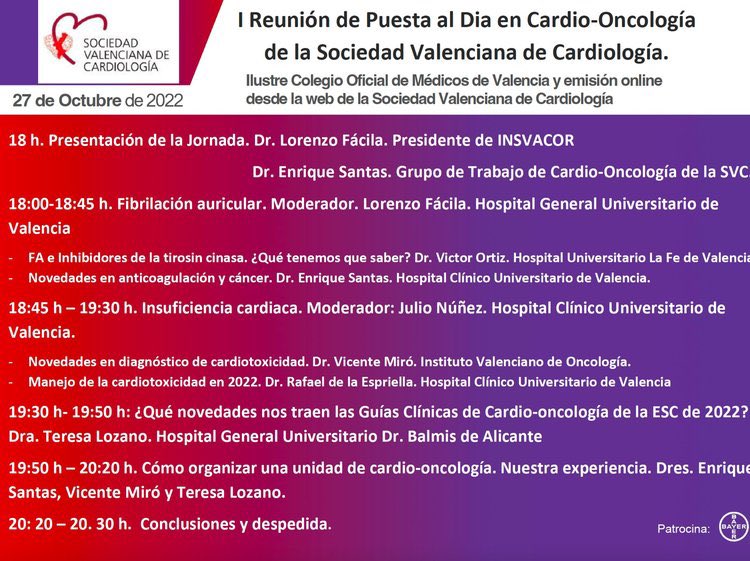 Tras #SEC22 vuelta a las actividades formativas en <a href="/SVCardio/">SVCardio</a> 

Te interesa la #cardiooncologia?

🗓 Jueves 27/10 I reunión del nuevo Grupo de Trabajo de Cardio-Oncología de la <a href="/SVCardio/">SVCardio</a> 

👉Presencial desde  <a href="/IICOMV/">Colegio de Médicos de Valencia</a> 
👉 💻 desde svcardio.org y nuestro canal YouTube