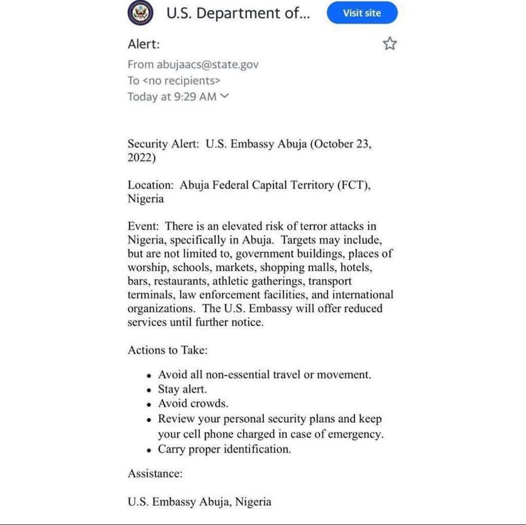 ReactivateNGR's tweet photo. US Department of State warning on possible terror attacks in public facilities in Nigeria, specifically the FCT. 🇳🇬

This is not a panic message, but call to action. https://t.co/p5mJz58SOP