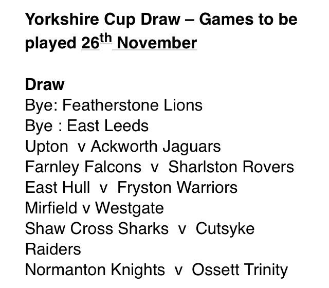 Draw was made for the <a href="/BarlaCups/">BARLACups</a> at oir home game on Saturday. We've drawn a tough away game at <a href="/NormantonARLFC/">NORMANTON KNIGHTS</a>, this will be played 26th November.

More details week of the game.
