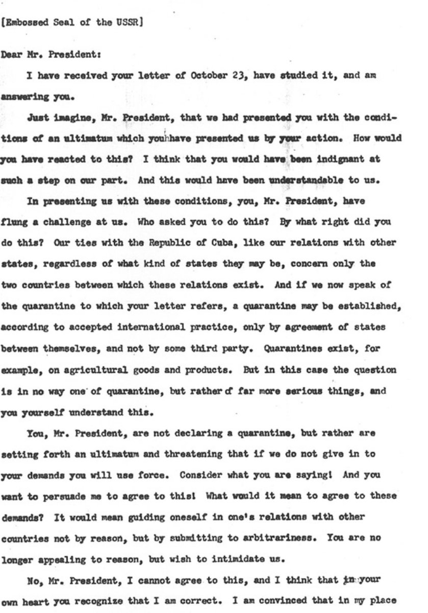 BeschlossDC's tweet photo. Khrushchev writes Kennedy sixty years ago today about his “quarantine” of Cuba:  “Consider what you are saying!” https://t.co/OGoKdQliFp