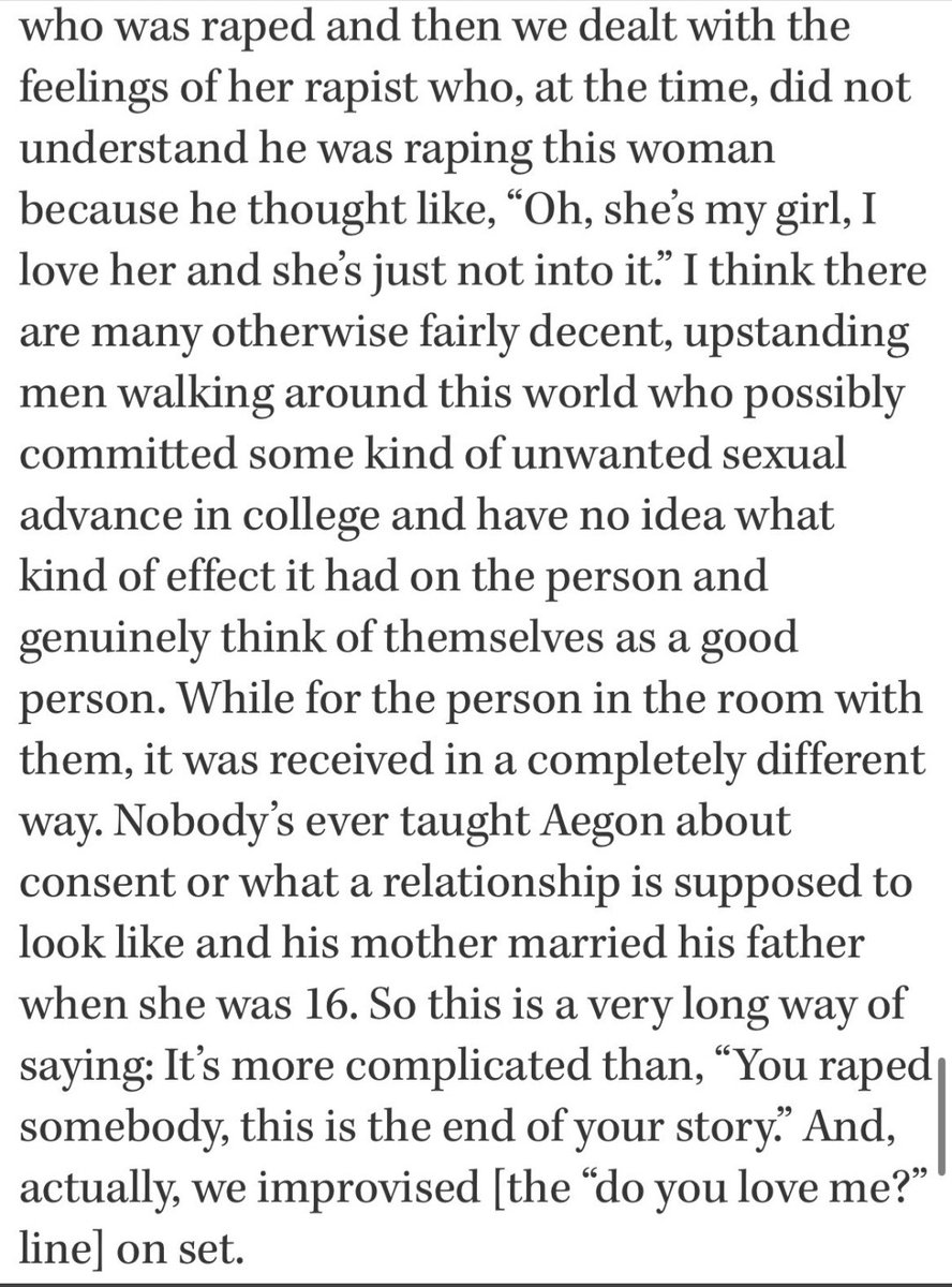 I don't even really want to watch anymore bc of this. And I've read every book. 
No I don't feel sorry for Aegon the rapist. Here's Sara Hess (writer for HOTD)
#HouseOfTheDragonHBO #HouseOfthedragon #HOTD