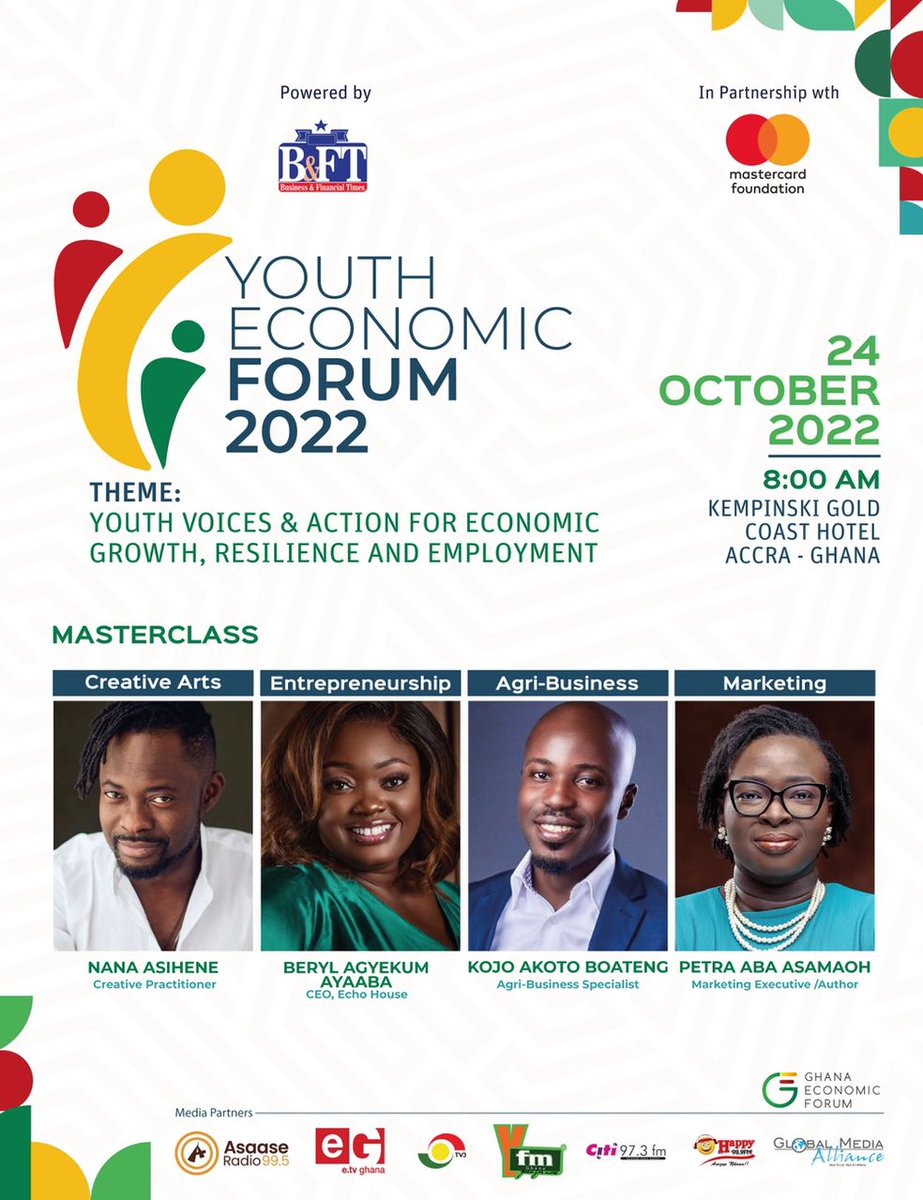 KojoAB's tweet photo. The #YouthEconomicForum2022 comes off today at Kempinski.

The theme is 'Youth Voices &amp; Action for Economic Growth, Resilience &amp; Employment'.

Watch via Facebook &amp; Youtube on the B&amp;FT pages.

I'm excited to be facilitating a masterclass on #Agribusiness at 2pm.

#YEF22 https://t.co/ipfUCaF4eB