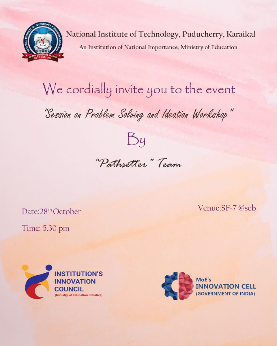 nitpyofficial's tweet photo. Dear all, 
Institutes Innovation Council (IIC) , #NITPuducherry is organizing an #IIC calender activity "Session on Problem Solving and Ideation Workshop" on 28th October at 5.30pm.

Mode: offline
Venue: SF-7, SCB. 

Resource person: 
Mr. Srinivasan S, 
Founding Team, 
Pathsetter https://t.co/Ucg74zdLc2