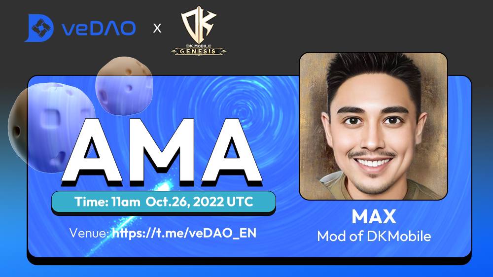 TrendX_official's tweet photo. #veDAO x @DKmobileGenesis AMA is coming! 🙌 🔵⚫️

🎁 Game pre-registration - 20 slots 
🗣 Max - Mod of DKMobile 
🧭 Wed, 11am Oct 26th UTC

🏛 Venue: https://t.co/YpM1Of4hE9

👇Like, RT &amp; Leave a question to win the prize! https://t.co/ljx9mm7cXE