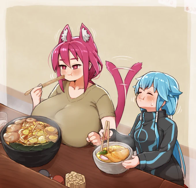依頼絵納品しました!「私のオリキャラのタイヘイちゃんとよその子のシアンちゃんを描いてください!タイヘイちゃんは大盛りラーメンを耳と尻尾を振って、シアンちゃんは笑顔できつねうどんを食べています!」とのことでしたので描きました! 