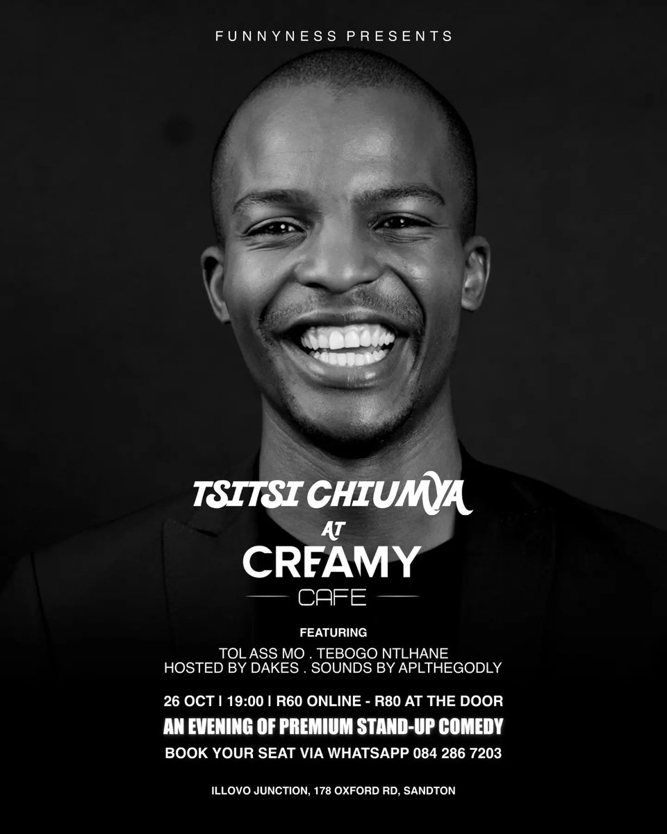 funnyness_sa's tweet photo. join us this wednesday.

📍  Creamy Café  
⏰  19:00
🎟  R60 online | R80 at the door

enjoy an exciting evening of comedy entertainment.

tickets via whatsapp. simply message Funnyness at 084 286 7203.

#standupcomedy #fyp #music #comedy #curingboredom #funnyness https://t.co/8poe9Uy4Ha