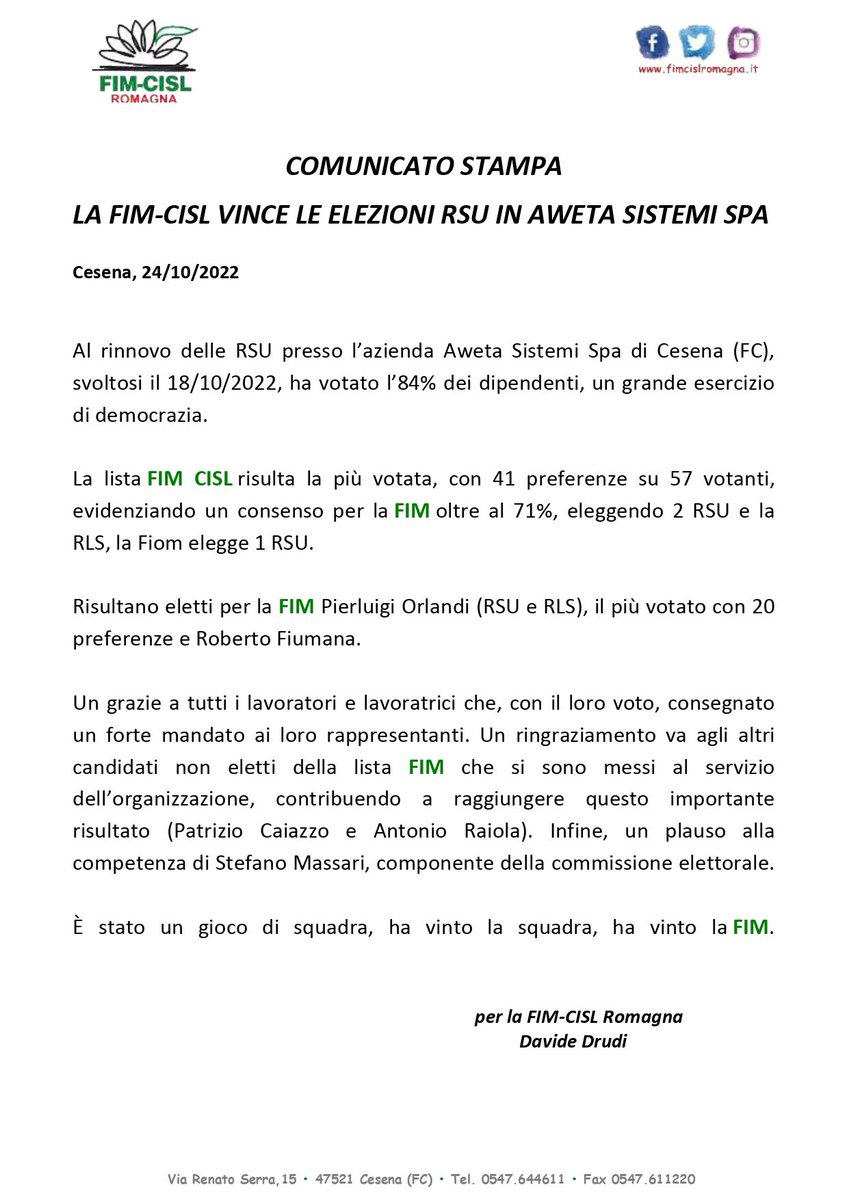 FIMCISLROMAGNA's tweet photo. 📣 Vince la FIM-CISL nelle elezioni per il rinnovo della Rsu in Aweta Sistemi Spa, azienda di Cesena (FC). #fimcislromagna https://t.co/AEnBvN0zEr