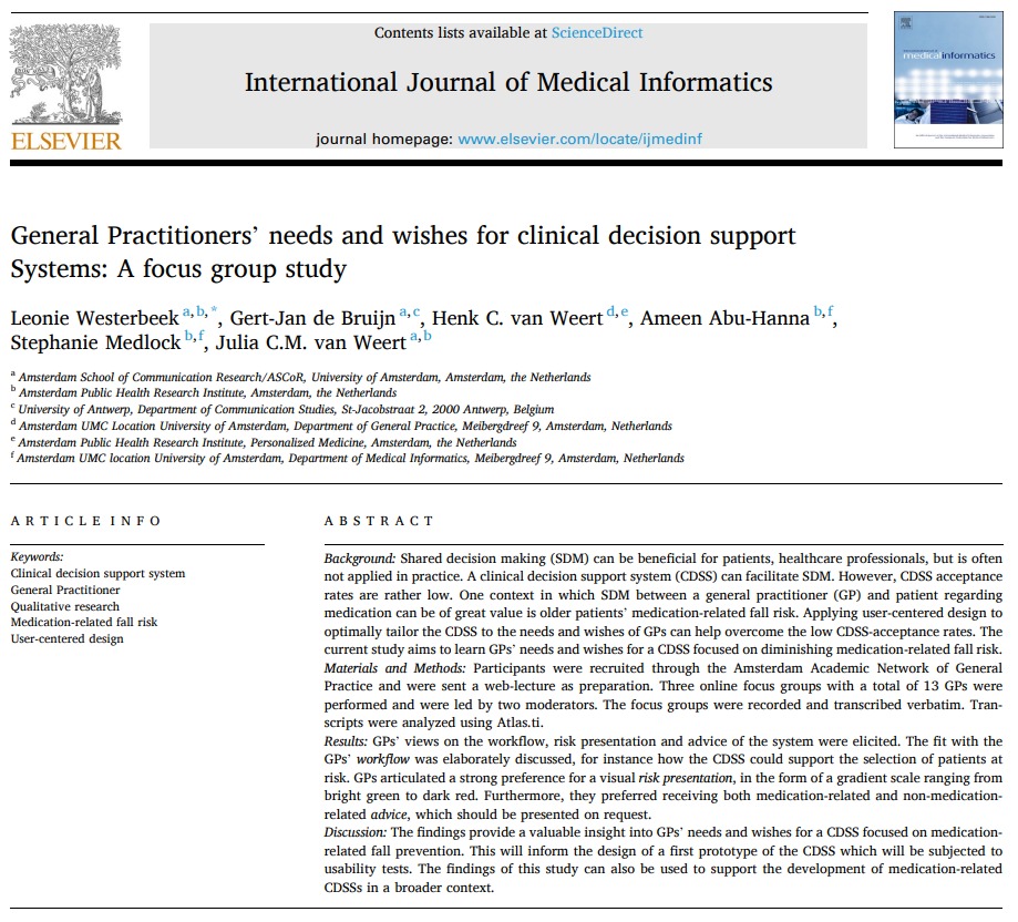 📢 New paper out! 
Happy to share that the second paper of my PhD has been published in the international journal of medical informatics! What are general practitioners' needs and wishes for a clinical decision support system? Read the full paper here: doi.org/10.1016/j.ijme…