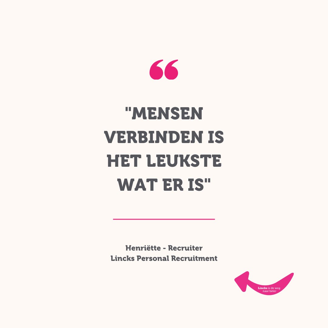 "Mensen verbinden is het leukste wat er is"

Iedere dag gaan we met plezier naar ons werk om te doen wat ons blij maakt. Maar waar houden we ons nou de hele dag meebezig? Je leest het in onze blog ➡️ bit.ly/3TuKJa9

#lincksisdewegnaarbeter #teamlincks #recruiter