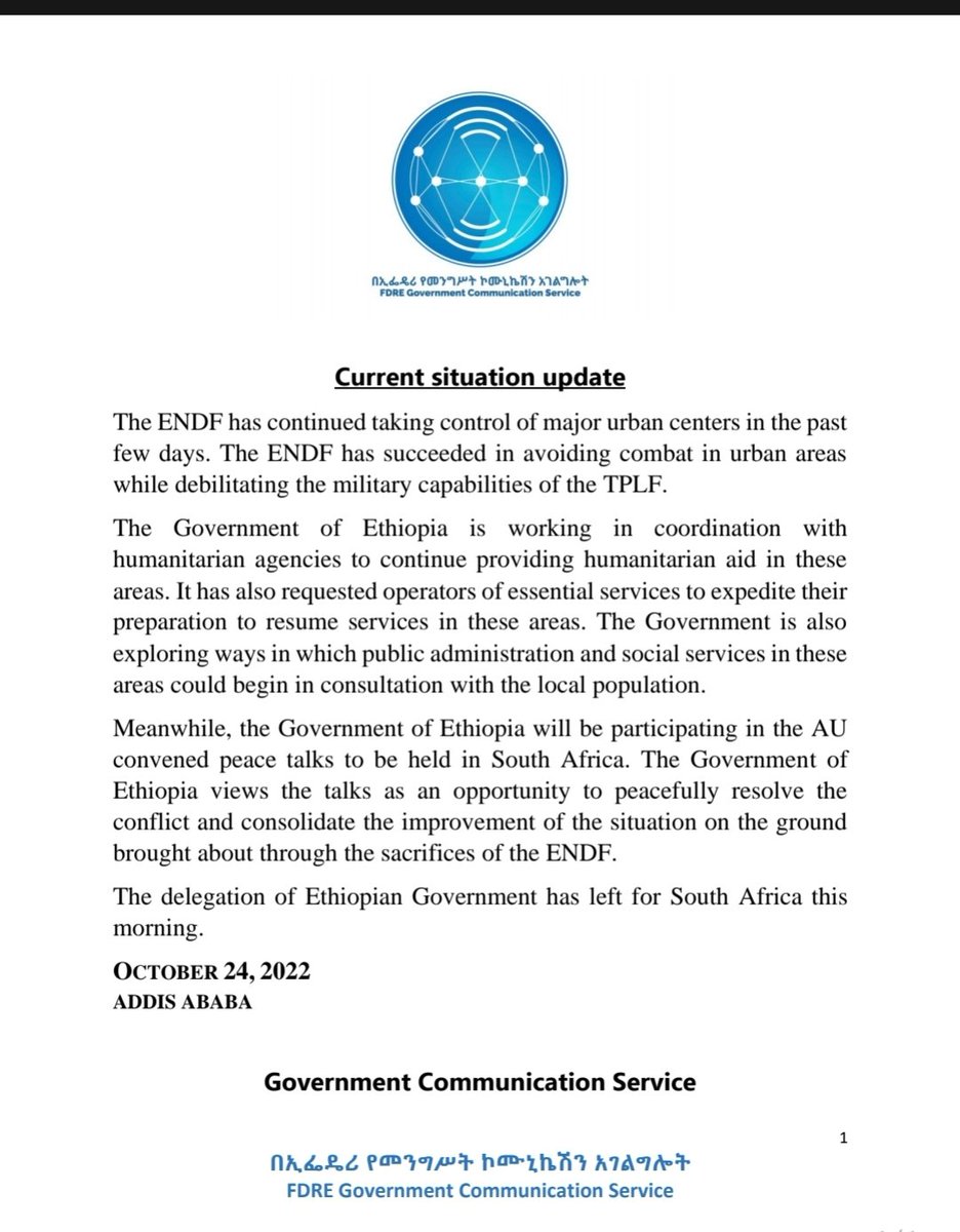 FdreService's tweet photo. Current situation update;
The delegation of Ethiopian Government has left for South Africa this morning. https://t.co/GeVjjN9kcn