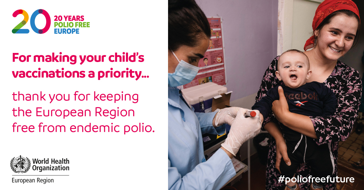 WHO_Europe_VPI's tweet image. This #WorldPolioDay we acknowledge the parents and caregivers of the @WHO European Region who have protected their children, making it possible to celebrate 20 years free from endemic #polio. #poliofreefuture