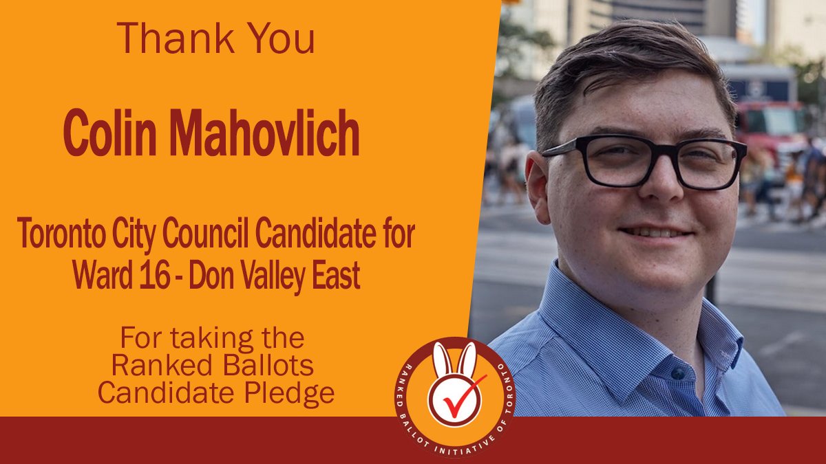 Thank you @ColinMahovlich, Candidate for #Ward16 #DonValleyEast, for pledging your support for #rankedballots in #TOpoli.

#elxn2022 #onpoli #TOvotes22 #TOvotesOct24