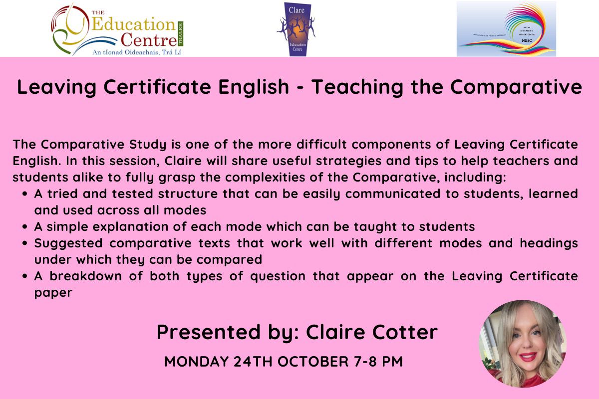 📢Leaving Certificate English Teachers ➡️Leaving Certificate English : Cracking the Comparative 📅Monday, 24 October 2022 ⏲️7pm - 8pm 🗣️Claire Cotter 📌Zoom 💰FREE ®️ zoom.us/webinar/regist… @edcentretralee @CentreNavan
