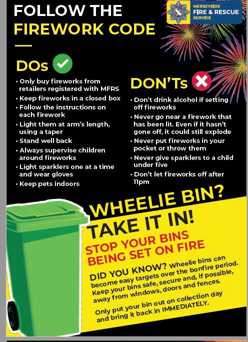 MerseysideVrp's tweet image. It’s that time again - #BonfireFireNight and time to turn again to the #FireworksCode. The anti-social behaviour associated which could be associated with this and #MischiefNight and #Halloween is something we’ll have plenty to say about! #GuyFawkesNight