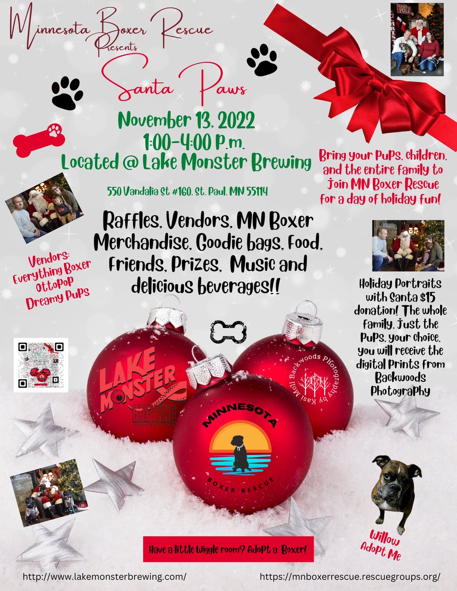 MNBoxerRescue's tweet photo. Don't forget to mark your Calendars!! 

Please join us at our new venue Lake Monster Brewing, we are so excited to be there on November 13th at 1:00-4:00pm. Come see Santa, Don't forget to purchase a MNBR 2023 calendar. https://t.co/a71Pk9hFKQ
