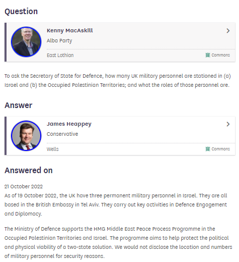 👀 The UK military currently has 3 personnel based in #Israel, promoting 'Defence Engagement and Diplomacy'. The UK's secret military cooperation agreement with Israel, signed in December 2020, has been barely noted in media or parliament. #DCUKparliament