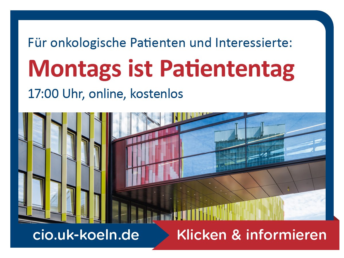 Montags ist #Patiententag! Heute um 17:00 Uhr geben Priv.-Doz. Dr. Felix Popp und Prof. Dr. Thomas Zander bei der CIO-Online-Veranstaltung einen Überblick über „Aktuelle Therapieoptionen bei Darmkrebs“ cio.uk-koeln.de/informationenk… #Uniklinik #Köln