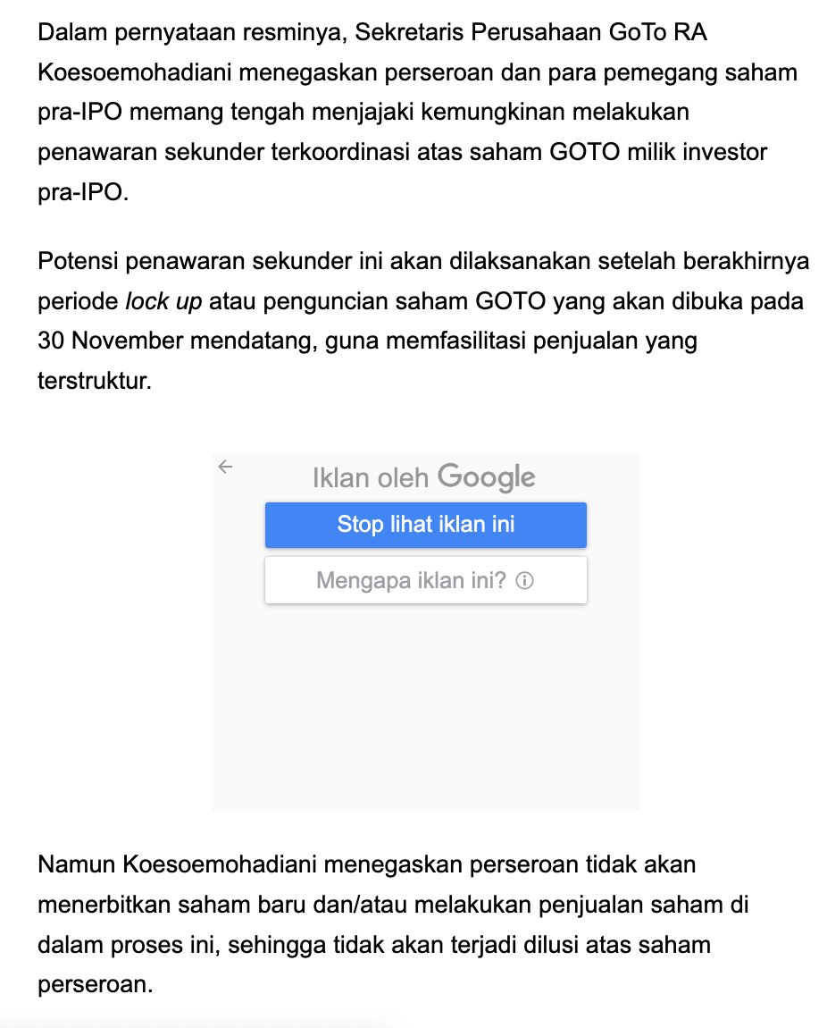 kokolato's tweet photo. Menarik nih soal rencana penawaran sekunder GOTO. Menurutku ini mah fine fine aja. Usaha supaya ketika lock up dibuka, sahamnya gak volatile. Gak ada dilusi jg dari upaya ini karena gak ada saham baru yg dikeluarkan. https://t.co/7L8hzhaqaP
