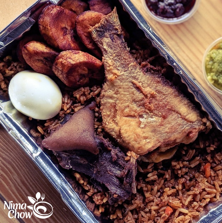 NimachowG's tweet photo. Spicytomatoeycarrotygoatyjollofheaven! 

Not just any heaven, hotjuicygoatyheaven! 

Oh yes, that's how we're doing Monday! With a side of flaky golden fried fish, hot sweet plantain, egg &amp; freshly made green shito of course. 

Call us &amp; let's get your Monday Jollof on! https://t.co/PuPLMlfBWe