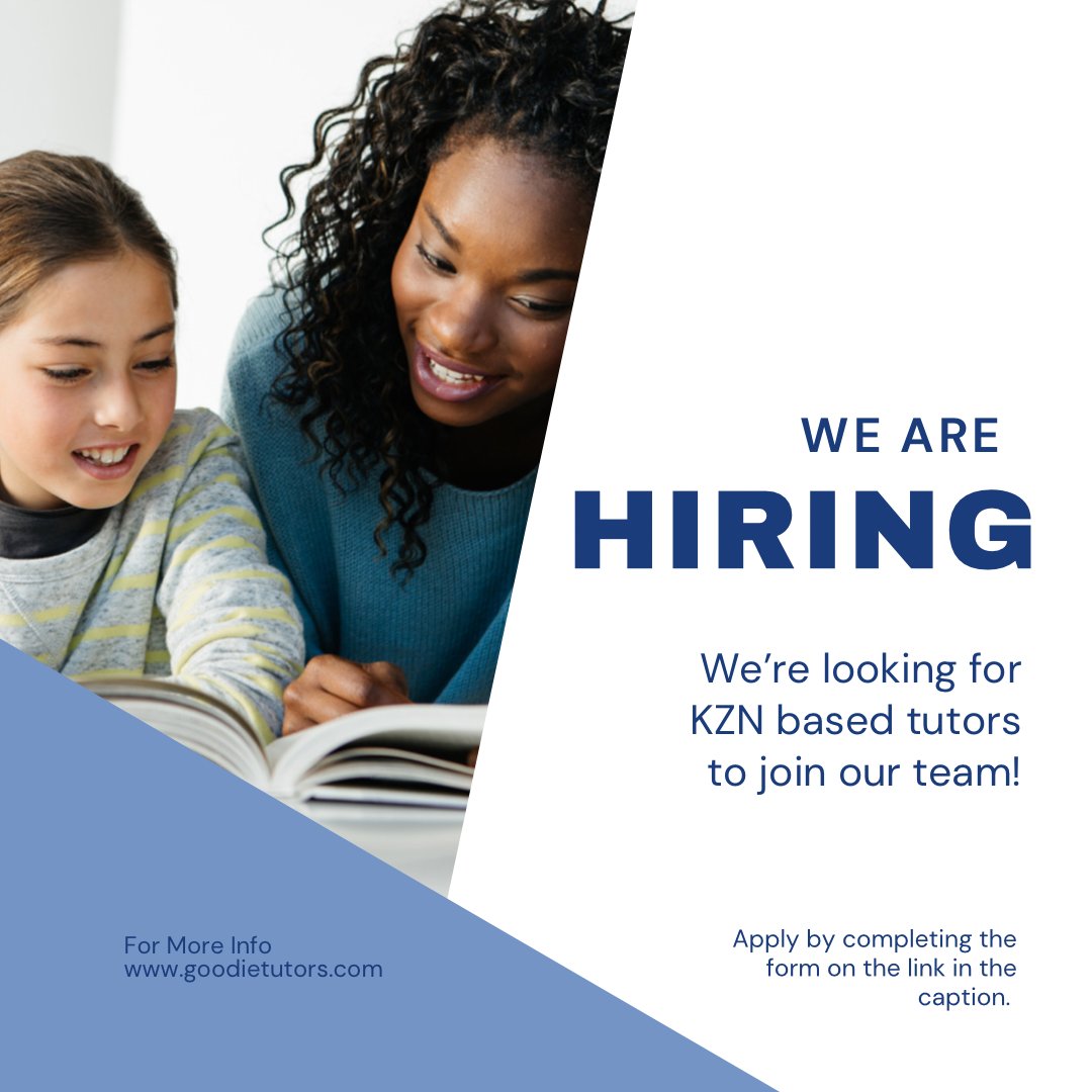 This is a reminder that our KZN tutor applications will be closing this Friday (28 October), so be sure to submit your application before then! 

Submit your application here: docs.google.com/forms/d/e/1FAI…

___

#goodietutorssa #goodietutors