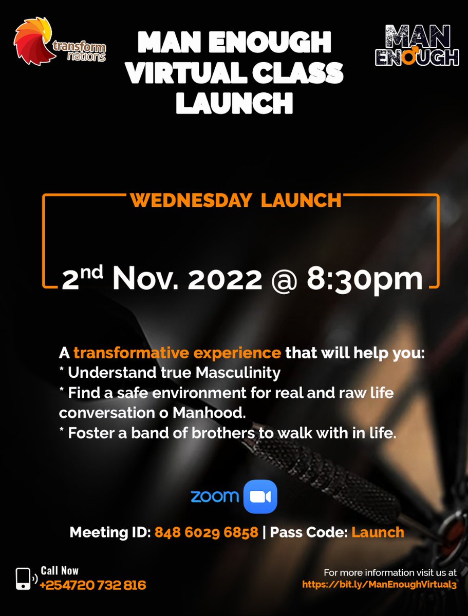 No more Worries about distance and time. 
Man Enough makes it possible for every man across the world to Join a band of brothers and a safe space to grow in their Masculinity.  
Sign up for the virtual Man Enough launch here; bit.ly/ManEnoughVirtu…