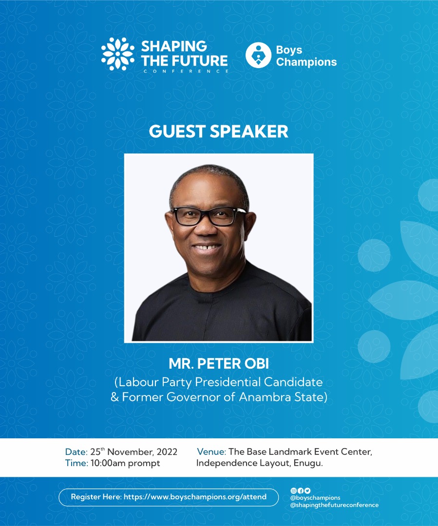 NoelAlumona's tweet photo. On November 25th, 2022, HE @PeterObi , Dr. @MaureenManning1 of @ThePIENews, @dtobst President &amp; CEO of @AFS, @CardOnaiyekan, Bishop Prof. @GodfreyIOnah &amp; other eminent speakers will gather in Enugu for the @shapinthefuture international youth conference with 2,000 Nigerian youths https://t.co/SGqebmhAKE