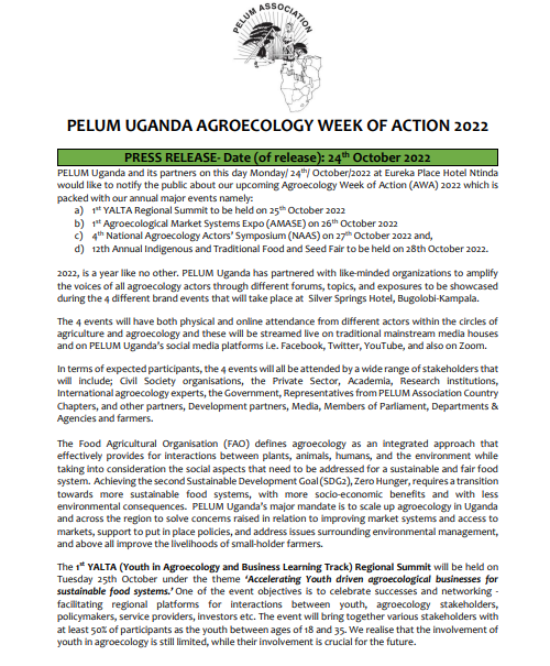 pelum_uganda's tweet photo. Press Release #AgroecologyWeek22
#YALTASummit2022 https://t.co/0SQl5J2szY