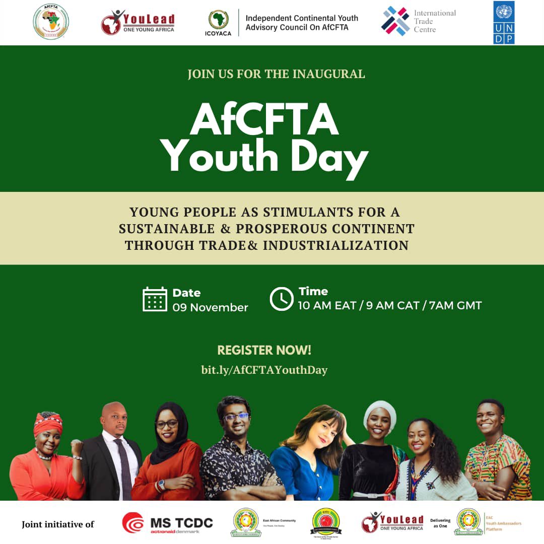 BIG NEWS, Africa, 

On 9 November, we shall bring you the grand inaugural #AfCFTAYouthDay where we shall cement youth as stimulants for a sustainable &amp; prosperous Africa through trade.

Register NOW:
bit.ly/AfCFTAYouthDay
 
Ethiopia 🇪🇹 is represented! Check me out 🤗