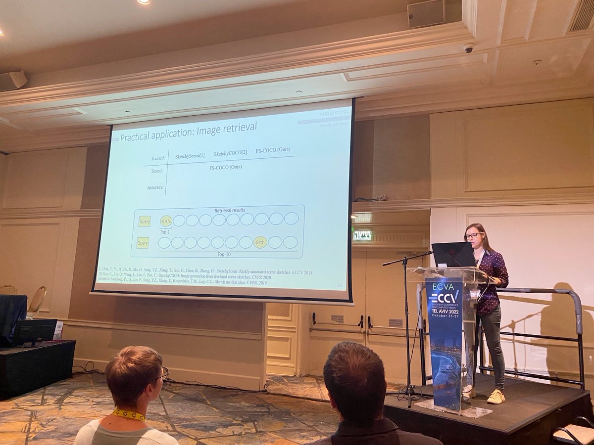 shawnmjones's tweet photo. @ygryaditskaya #DIRA2022 #ECCV2022 @ygryaditskaya talks about how humans sketch and compares their results to machines attempting to sketch. Text descriptions can help for image retrieval, but sketches give us a better idea of the user's information need. https://t.co/VTbFttTvEq