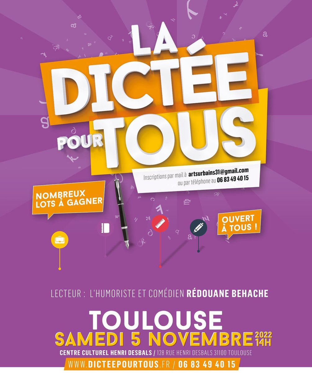 dicteepourtous's tweet photo. [ D I C T E E  P O U R  T O U S ] 

📍TOULOUSE avec le @CDAU_31 

📝 nous avons le plaisir de vous convier à la nouvelle @dicteepourtous organisée à #Toulouse, samedi 5 novembre à 14H00 . ⏰

 ➡️➡️➡️ https://t.co/4VQ9NZ2FD9
 
#dictee #dicteepourtous #orthographe #dictée https://t.co/3KdmKTia0e