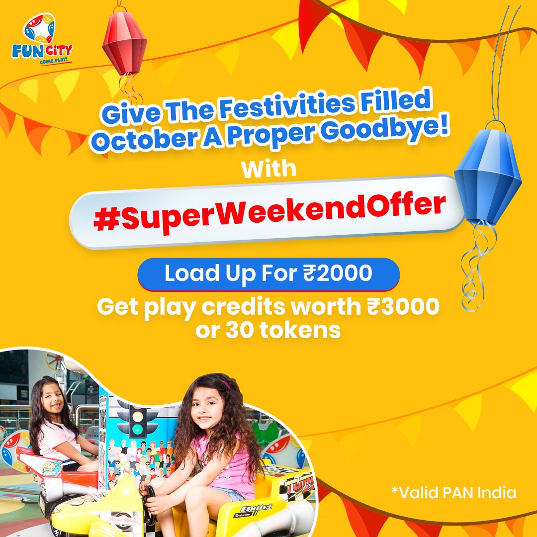 funcity_india's tweet photo. October 2022 has been one helluva ride filled with festivities, deals and super offers! Here's #SuperWeekendOffer to give October the proper sign-off!
Load Up For ₹2000
Get play credits worth ₹3000 or 30 Tokens
Octoberfest Continues!
*Valid PAN India
#FunCity #WeekendOffer https://t.co/QYwUFzmByi
