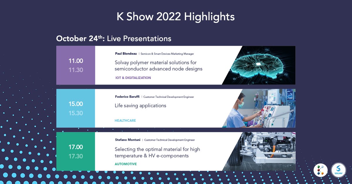 Solvay (@SolvayGroup) on Twitter photo 2022-10-24 08:00:01 At #K2022? Don't miss our live presentations ranging from #IoT, and #healthcare to #emobility trends at our booth C-61 in Hall 6. Check out the full agenda 👉 bit.ly/3VD3Q32 At #K2022? Don't miss our live presentations ranging from #IoT, and #healthcare to #emobility trends at our booth C-61 in Hall 6. Check out the full agenda 👉 bit.ly/3VD3Q32