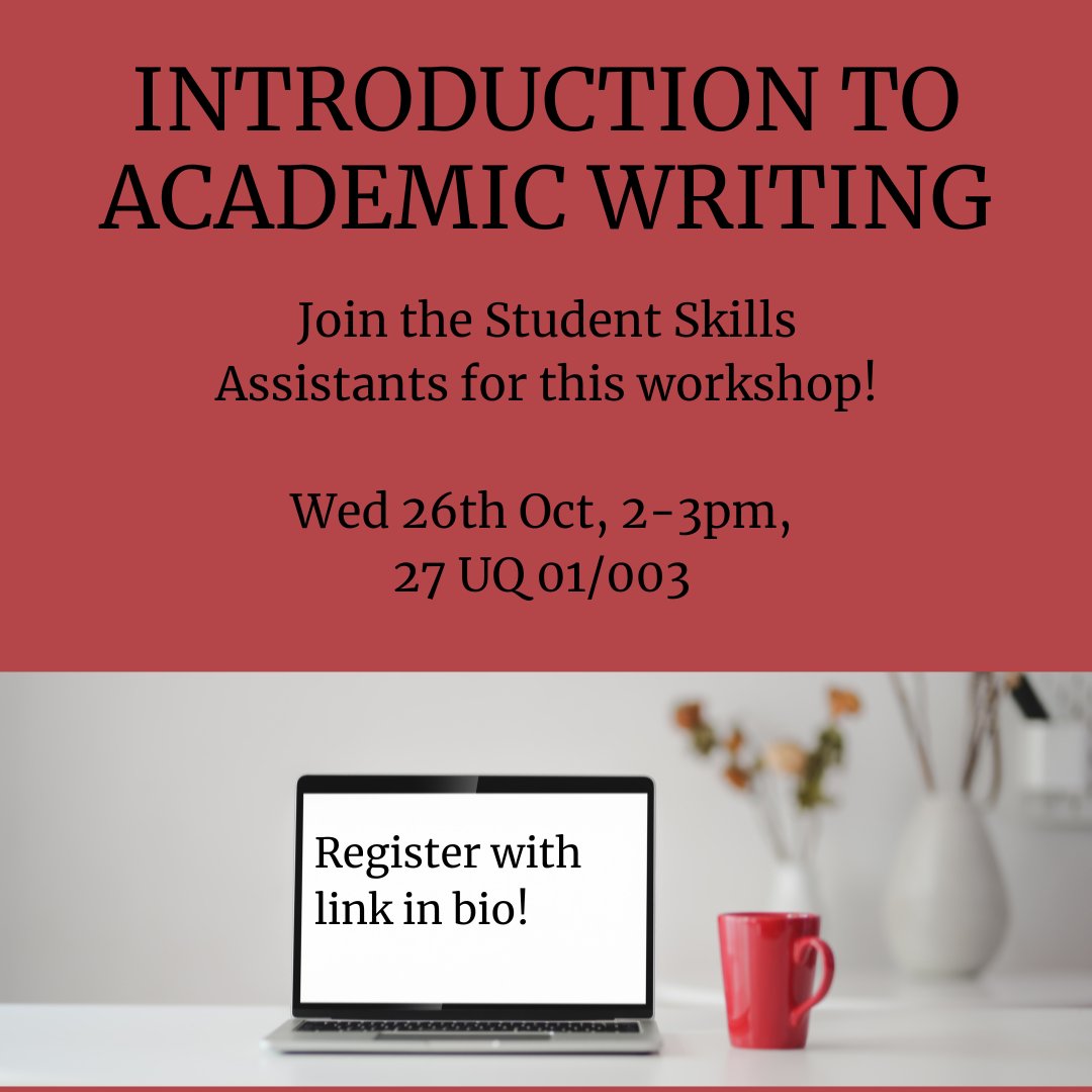 HAPPatQUB's tweet photo. Don't miss the Student Skills Assistants' first event, “Introduction to Academic Writing”! 💻📚

Throughout the term, SSAs offer workshops to support students' educational journeys! This is a great resource!

Wed 26th Oct, 2-3pm
 27 UQ 01/003
register 👉 https://t.co/ogGeKxHJS8 https://t.co/UrrhTzvHVm