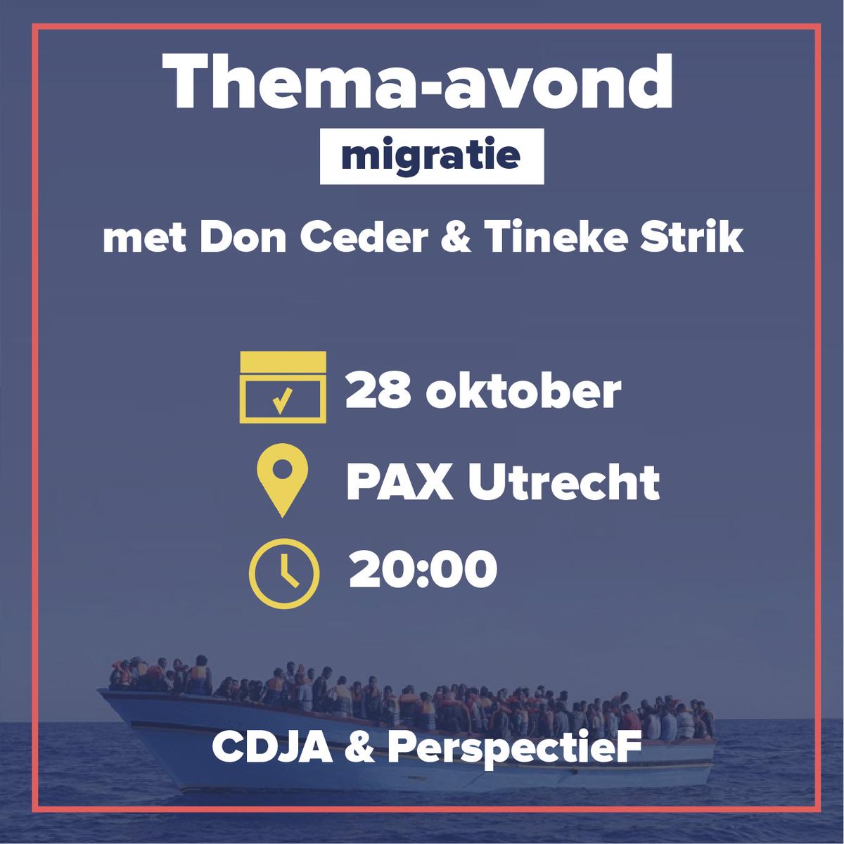 THEMA-AVOND MIGRATIE 
Aanstaande vrijdag is het tijd voor de langverwachte avond over migratie in samenwerking met <a href="/CDJA/">CDJA</a>. Wees erbij om al je vragen hierover te kunnen stellen! Meld je snel aan via forms.gle/wc5wRvYdHuxaR7…