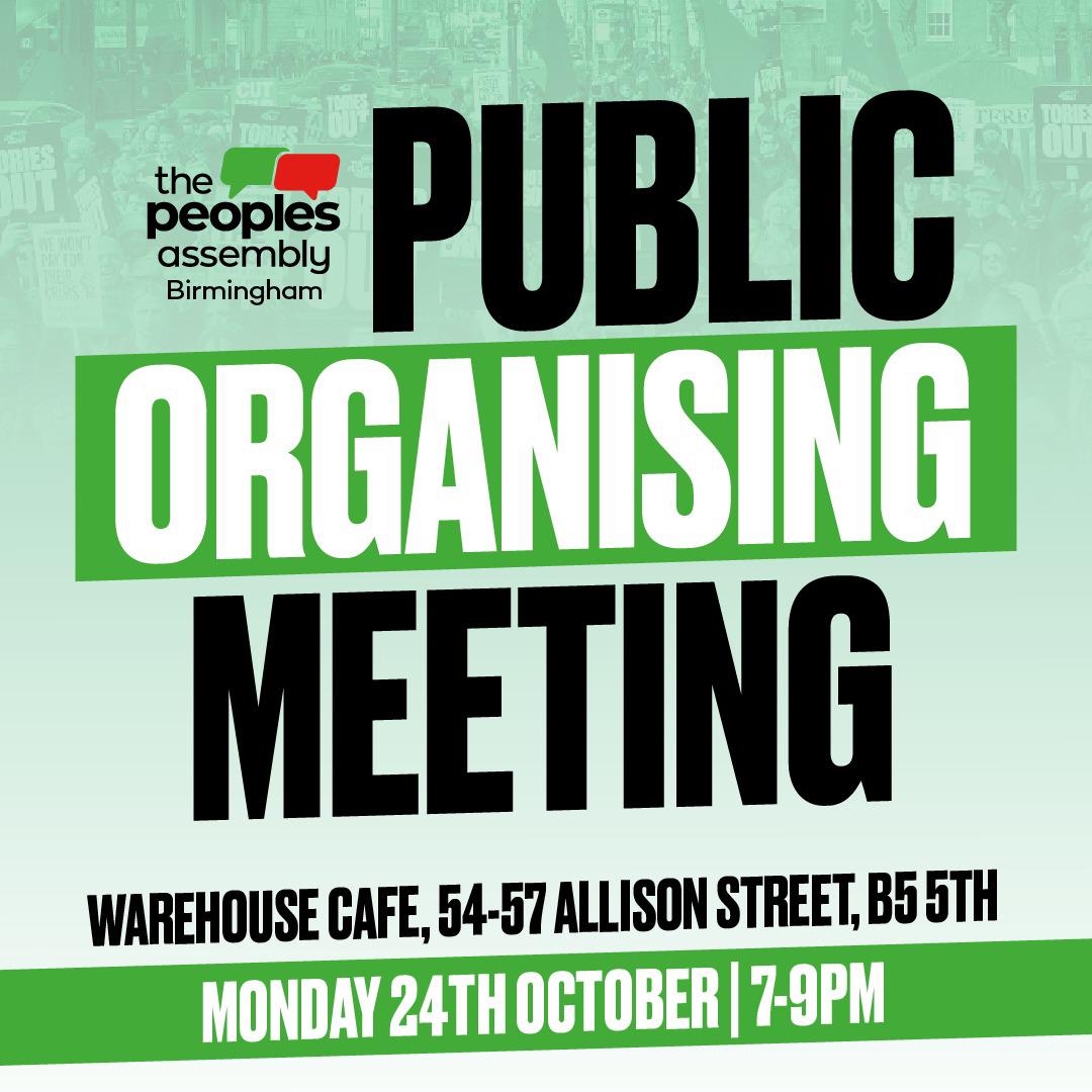 BirminghamPeopA's tweet photo. Remember we have our public meeting this evening. Come along and build together to get the #ToriesOutNow @inTheWarehouse @DontPayBrum @bhamys4c @UNISONBham @UniteBirmingham @AcornBirmingham @Allbirminghams @BrumStWC @EiEBirmingham @PCSDWPBrumSouth @SWPBrum @TUCBham @BirminghamUCU https://t.co/gsrcpjkgbf