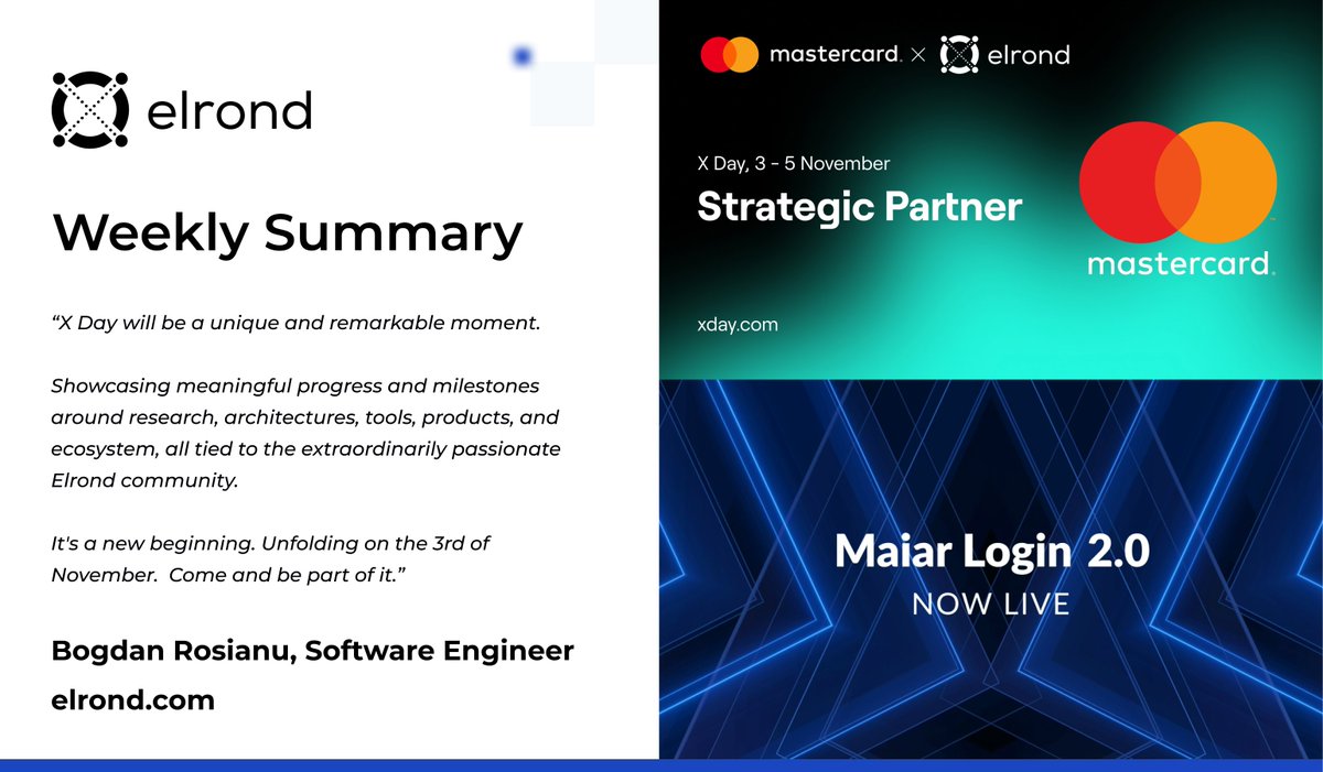 MultiversX's tweet image. Last week in $EGLD 🌏
 
1/
🏛 X Day new partners: 
• @Mastercard • @rv_inc • @holoride • @twispay • @Utrust • @moonpay •
🇫🇷 Beniamin meeting with @jnbarrot
📲 Maiar Login upgrade to 2.0
🛠 Weekly #elrondtech